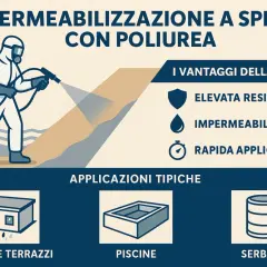 Un operatore in tuta protettiva esegue l'impermeabilizzazione tetti a spruzzo con poliurea, garantendo resistenza e rapidità.