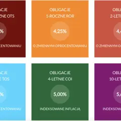 Sześć kolorowych kwadratów z nazwami i oprocentowaniem obligacji skarbowych.
