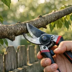 Main tenant, mon voisin refuse de couper ses branches. Une main tient un sécateur prêt à tailler une branche d'arbre au-dessus d'une clôture en bois.