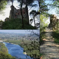 Ruiny zamku w Melsztynie na wzgórzu, ścieżka prowadząca do nich i widok na dolinę Wisły.