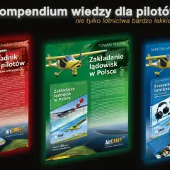 Trzy książki o samolotach: "Poradnik dla pilotów", "Zakładanie lądowisk w Polsce" i "Frazeologia lotnicza".