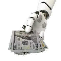 Roboterhand hält US-Dollar-Scheine. Mögliche Verbindung zur Quellensteuer in den USA.