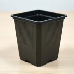 En svart, fyrkantig kruka med räfflade sidor står på ett ljust träbord. Perfekt för dina små plantor.