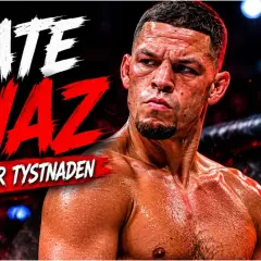 Nate Diaz, svettig och fokuserad, redo för sin nästa fight. Texten "BRYTER TYSTNADEN" antyder en kommande händelse.