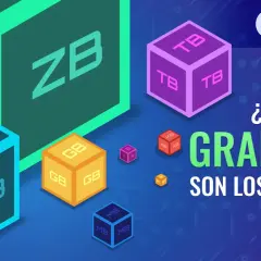 Cúbos de diferentes tamaños representan unidades de almacenamiento: ZB, PB, TB, GB, MB y B.