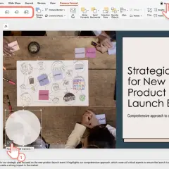 Prezentacja PowerPoint z widokiem kamery i menu "Camera Format". Kliknięcie "Record" (3) rozpoczyna nagrywanie.