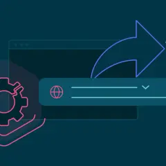Abstract illustration of a gear within a hexagon, a browser window, and an arrow indicating a process or export.
