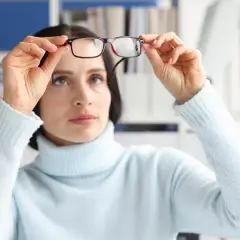 Kobieta w jasnoniebieskim golfie trzyma okulary, myśląc o suplementacji luteiną na oczy dla lepszego widzenia.