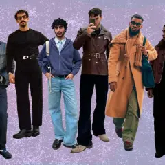 Six hommes stylés, chacun un influenceur mode homme, présentent des looks variés.