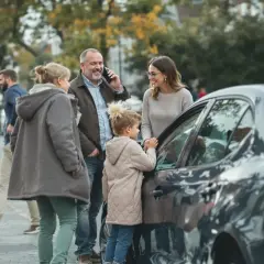 Familie am Auto, Vater telefoniert, vielleicht wegen eines Problems, das die Unfallkasse des Bundes betrifft.