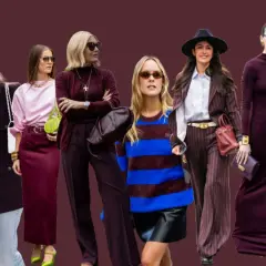 Modelos lucen atuendos elegantes en tonos color burdeos, desde trajes de raya diplomática hasta vestidos largos y faldas.