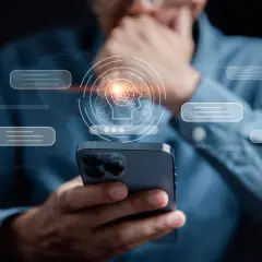 Mężczyzna trzyma smartfon, nad którym unosi się grafika mózgu z ikonami, symbolizująca sztuczną inteligencję napędzaną przez **samsung exynos**.