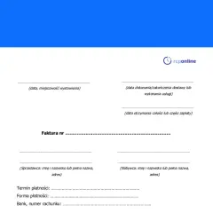 Szablon faktury VAT z polami do wypełnienia: data, sprzedawca, nabywca, termin płatności.