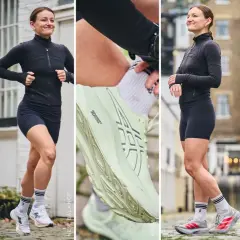 Kobieta w stroju sportowym biegnie, prezentując różne modele butów. Nawet brudne buty sennik mogą oznaczać drogę do celu.