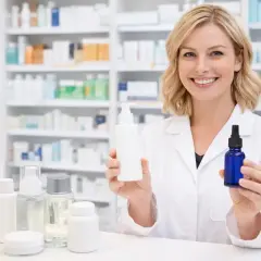 Farmaceutka prezentuje dermokosmetyki, wyjaśniając, co to jest i jak działają. W tle apteczne półki pełne produktów.