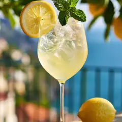 Erfrischender Limoncello Spritz mit Eis, Zitronenscheibe und Minze, garniert mit frischen Zitronen im Hintergrund.