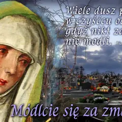 Obraz przedstawia płaczącą Matkę Boską obok cmentarza z grobami i zniczami.
