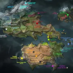 Mapa świata gry MMORPG od Riot Games, ukazująca terytoria Demacii, Noxii i obszary sporne, z nazwami lokacji i poziomami.