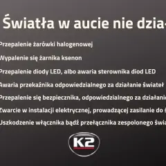 Lista przyczyn niedziałających świateł w aucie: przepalone żarówki, awaria przekaźnika, bezpiecznika, zwarcia, uszkodzenie włącznika.