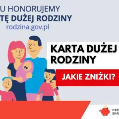 Ilustracja rodziny z dziećmi, promująca Kartę Dużej Rodziny i informująca o zniżkach.