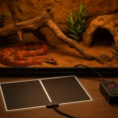 Terrarium z wężem i jaszczurką, obok mata grzewcza z termostatem.