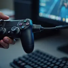 Ręka trzyma pada PS4 podłączonego kablem do komputera. Dowiedz się, jak podłączyć pada PS4 do PC i graj w swoje ulubione tytuły.