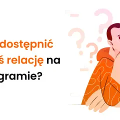 Jak udostępnić czyjąś relację na Instagramie? Ilustracja przedstawia zamyślonego mężczyznę otoczonego znakami zapytania.