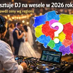 DJ na weselu, mapa Polski podzielona na kolorowe regiony z pytajnikiem.