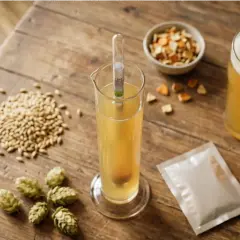 Kit de brassage artisanal : malt, houblon, levure, hydromètre pour un test iode bière parfait. Une bière dorée mousseuse à déguster.