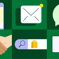 Icônes représentant le marketing cross canal : smartphone, email, bulle de dialogue, poignée de main, barre de recherche, vidéo.
