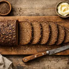 Schnittbrot mit Körnern auf Holzbrett, daneben Butter und Samen. Kalorienarme 2 scheiben schwarzbrot für ein gesundes Frühstück.