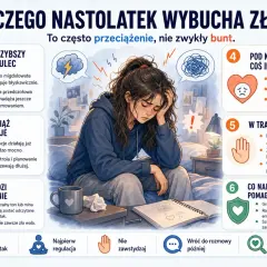 Ilustracja pokazuje nastolatka zmagającego się z emocjami. 10 latek nie radzi sobie z emocjami, co często jest przeciążeniem, a nie buntem.