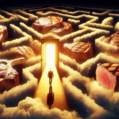 Un hombre camina hacia una puerta brillante en un laberinto de nubes y filetes. Es como soñar con carne cruda, una fantasía carnívora.