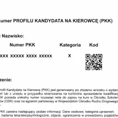 Numer PROFILU KANDYDATA NA KIEROWCĘ (PKK) z numerem i kategorią. Dokument zawiera pouczenie o PKK.