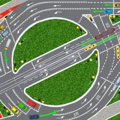 Ilustracja pokazuje, jak jeździć na rondzie, z zaznaczonymi pasami ruchu, sygnalizacją świetlną i pojazdami.