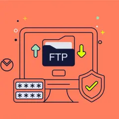 Icono de un ordenador mostrando una carpeta con "FTP", flechas de subida y bajada, un escudo de seguridad y campos de contraseña.