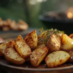 Knusprige kartoffelspalten im backofen, garniert mit frischen Kräutern, warten auf ein Dip-Bad. Im Hintergrund flackert ein Grillfeuer.
