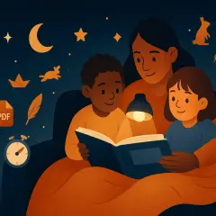 En mamma läser en bok för sina barn i sänglampans sken. En mysig stund med sagor, som ett novell exempel.