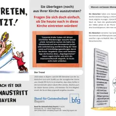 Karikatur zeigt einen Bischof in einer Badewanne voller Goldmünzen, der von einem Mann mit einem roten Mantel geschoben wird. Der Text thematisiert kirchenaustritte katholische kirche.