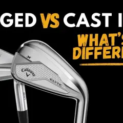 Forged iron vs cast iron golf clubs. A Mizuno Pro forged iron and a Callaway Elyte cast iron club are shown, highlighting their differences.