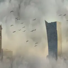 Warszawskie wieżowce w gęstej mgle, z lecącymi ptakami.
