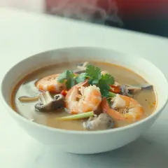 Aromatyczna, tradycyjna zupa tajska z krewetkami, grzybami i kolendrą. Gorąca, parująca, zapraszająca do degustacji.