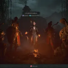 Wybór postaci w Diablo 4: Czardziejka, Barbarzyńca, Łotrzyca, Druidka i Wilkołak przy ognisku.