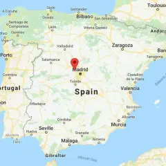 Mapa pokazuje, gdzie jest półwysep iberyjski, z zaznaczonym Madrytem. Widoczne są Portugalia, Hiszpania i fragment Francji.