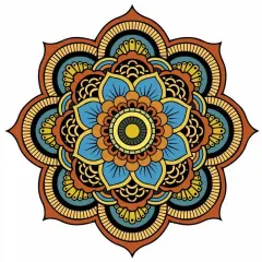 Kolorowa mandala z niebieskimi, pomarańczowymi i żółtymi płatkami, przypominająca kwiat lub słońce.