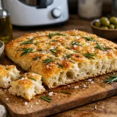 Une focaccia dorée, garnie de romarin frais et de gros sel, prête à être dégustée. Une recette simple pour un pain savoureux.