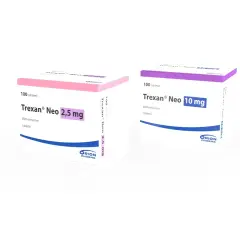 Dwa opakowania leku Trexan® Neo: jedno 2,5 mg (różowe), drugie 10 mg (fioletowe), oba po 100 tabletek.