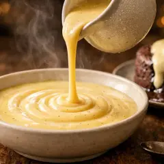 Une sauce crémeuse et fumante, une crème anglaise, est versée dans un bol. Un petit gâteau au chocolat dégouline de cette sauce.