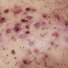 Piel con múltiples pápulas, pústulas y nódulos inflamados, característicos del acne conglobata.