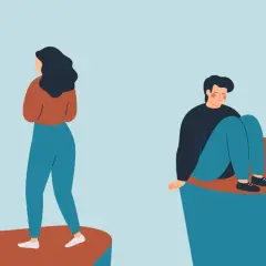 Smutny mężczyzna siedzi na krawędzi, odwrócony tyłem do kobiety. Ilustracja symbolizuje trudności, jak poradzić sobie z rozstaniem.